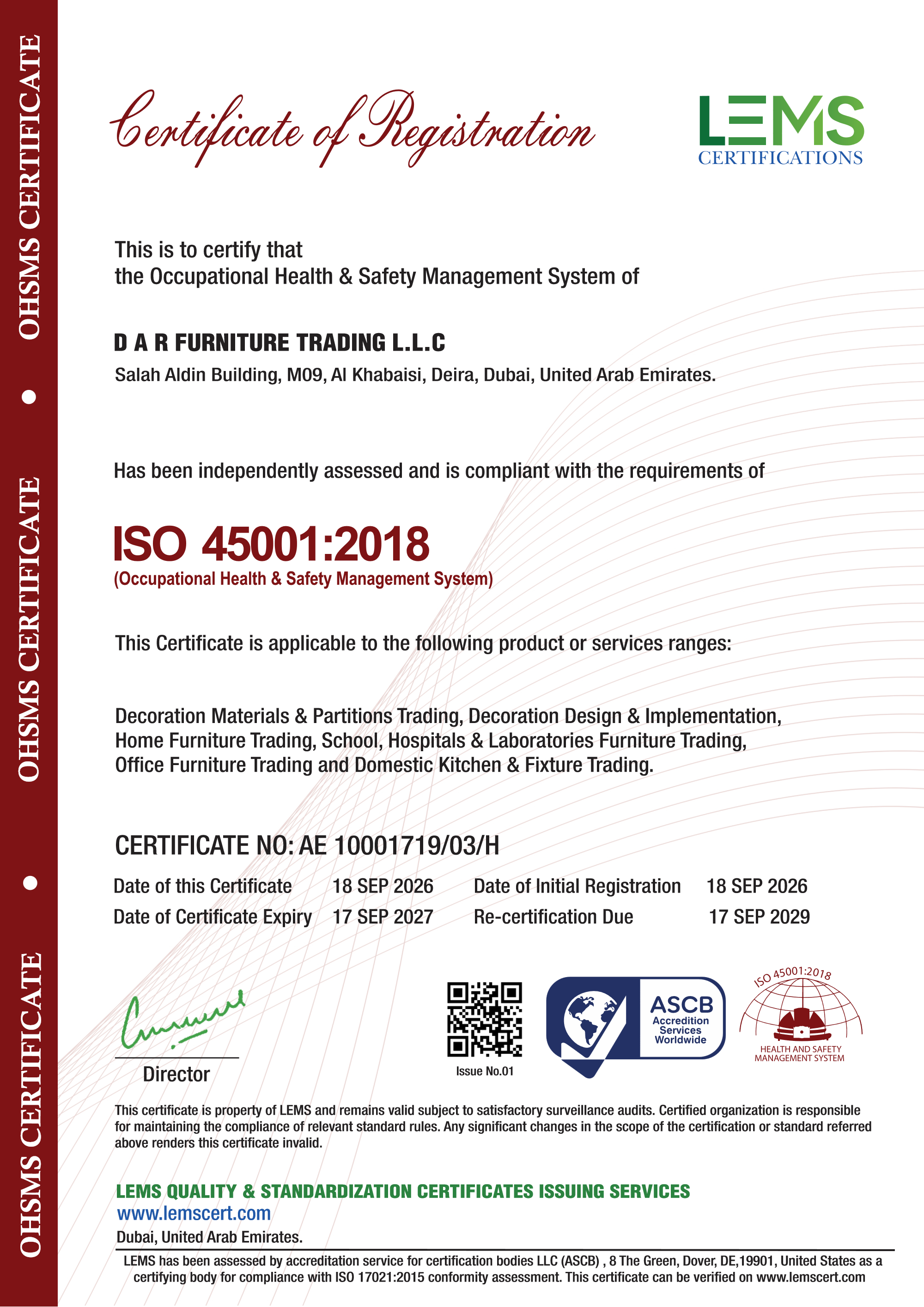 D A R Furniture Trading L.L.C - ISO 45001:2018 Occupational Health and Safety Certificate
