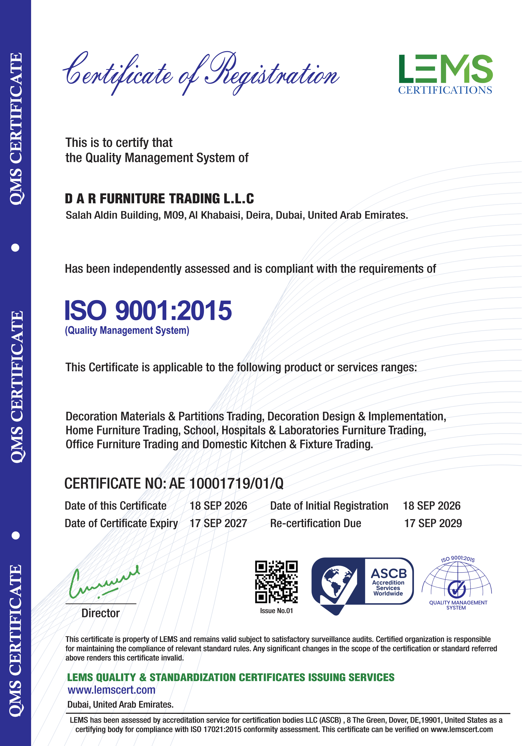 D A R Furniture Trading L.L.C - ISO 9001:2015 Quality Management System Certificate